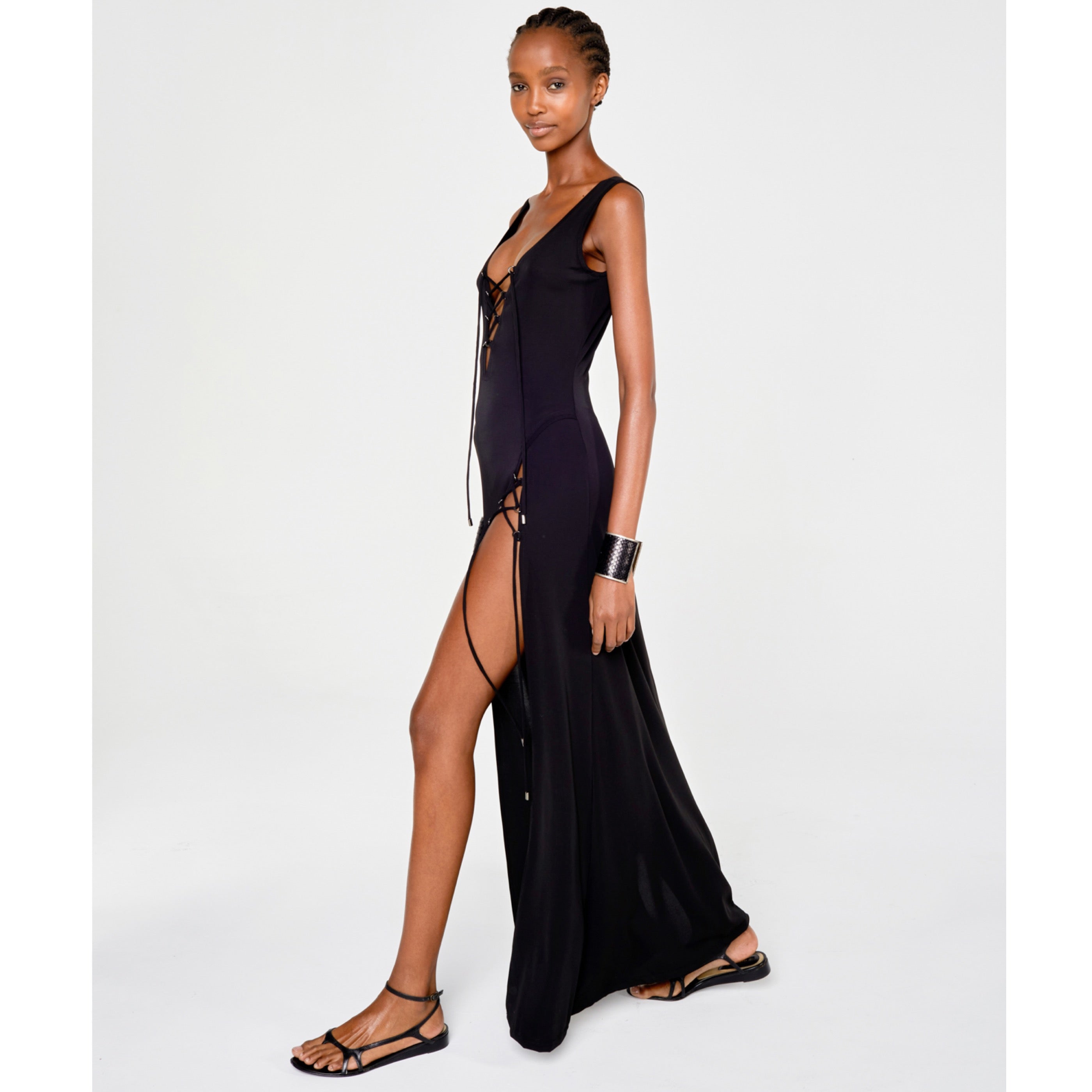 A44 Lace up side slit maxi dress